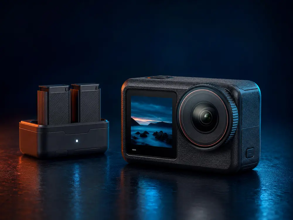 Sfeervisual van een actiecamera met acculaadcase
