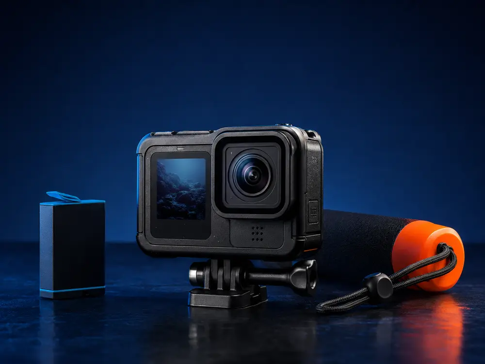 Sfeervisual van een robuuste actiecamera met drijvende handgreep